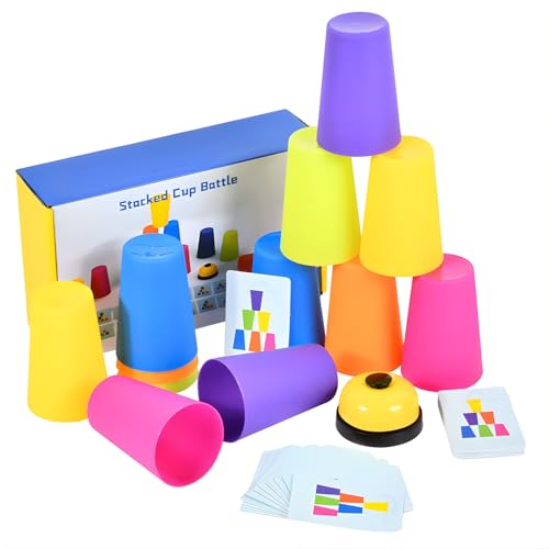 COUNTRYLINK Quick Stacking Cups Games for Kids, Classic Matching Speed Cup with 50 Picture Cards, 12 Cups and Bell, Family Games for Party or Travel. - Image 4