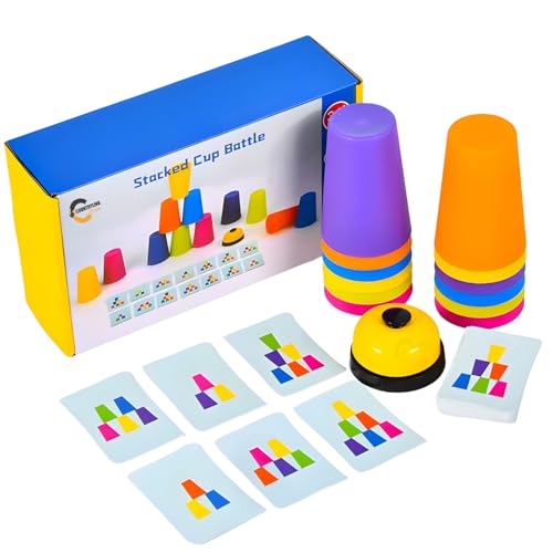 COUNTRYLINK Quick Stacking Cups Games for Kids, Classic Matching Speed Cup with 50 Picture Cards, 12 Cups and Bell, Family Games for Party or Travel. - Image 1