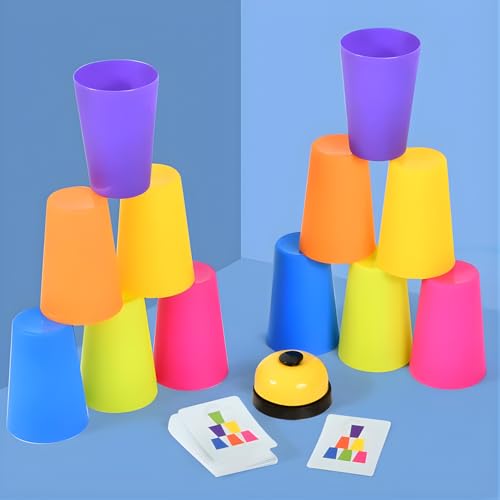 COUNTRYLINK Quick Stacking Cups Games for Kids, Classic Matching Speed Cup with 50 Picture Cards, 12 Cups and Bell, Family Games for Party or Travel. - Image 2