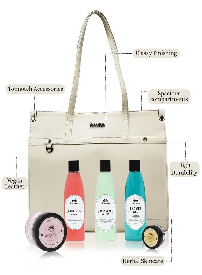 روزيتا مجموعة هدايا التجميل روزيتا 6 في 1 للنساء | حقيبة يد أنيقة بلون أبيض كريمي مع جل للوجه، لوشن الصبار، جل استحمام، ملح استحمام ومرطب شفاه | مجموعة سبا فاخرة. - Image 5