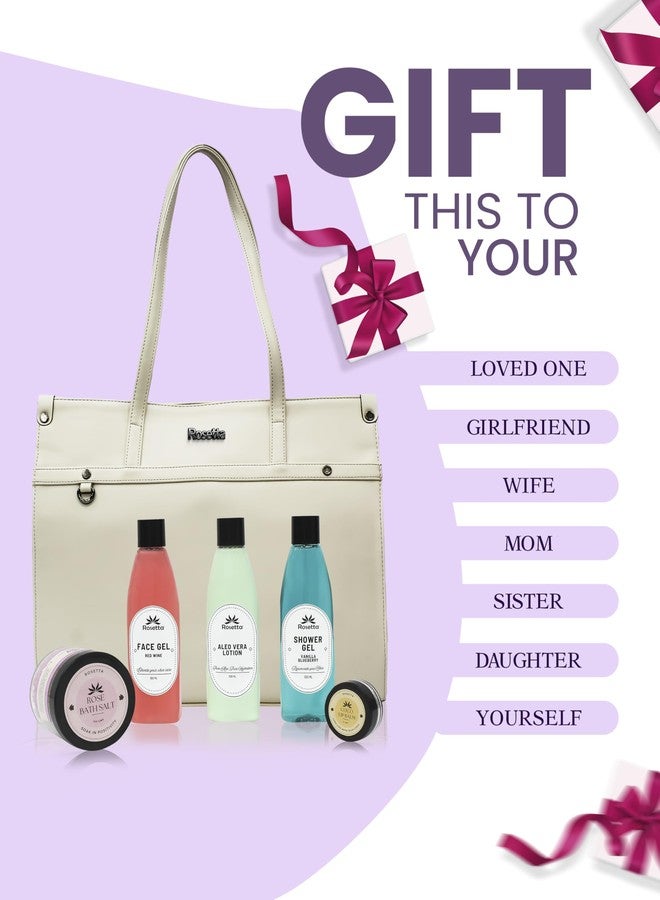 روزيتا مجموعة هدايا التجميل روزيتا 6 في 1 للنساء | حقيبة يد أنيقة بلون أبيض كريمي مع جل للوجه، لوشن الصبار، جل استحمام، ملح استحمام ومرطب شفاه | مجموعة سبا فاخرة. - Image 3