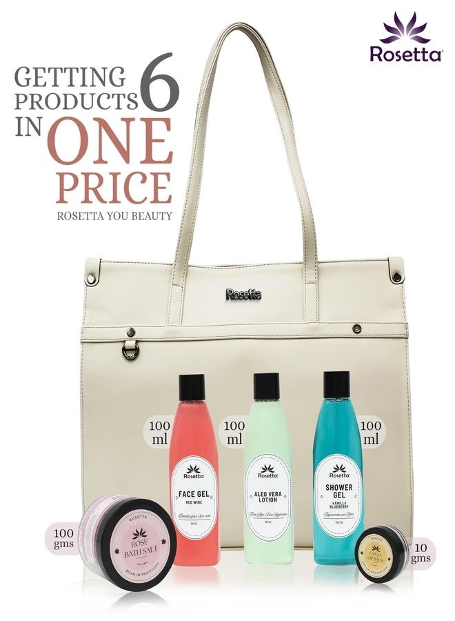 روزيتا مجموعة هدايا التجميل روزيتا 6 في 1 للنساء | حقيبة يد أنيقة بلون أبيض كريمي مع جل للوجه، لوشن الصبار، جل استحمام، ملح استحمام ومرطب شفاه | مجموعة سبا فاخرة. - Image 2