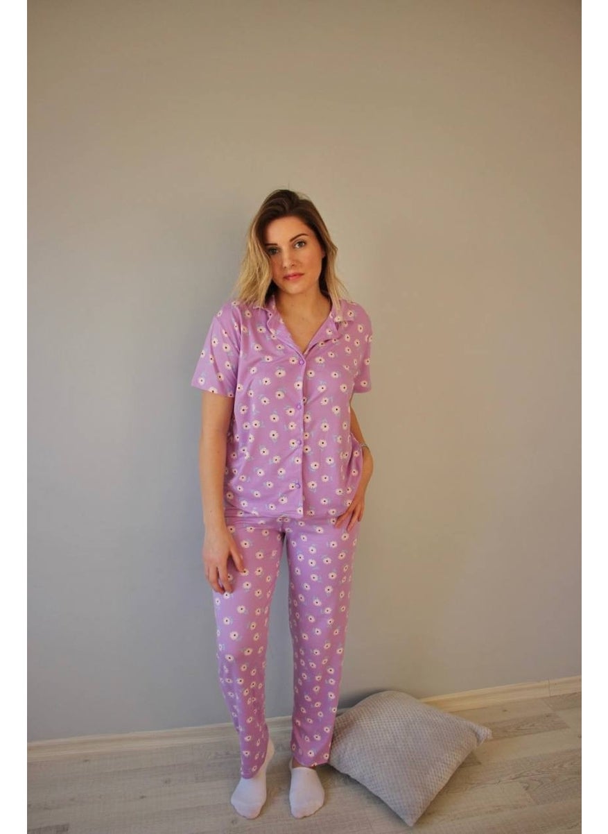 Bie's Women's Low Sleeve Oversize Top Front Buttoned Short Sleeve Viscose Shirt Collar Pajama Set  - Image 1