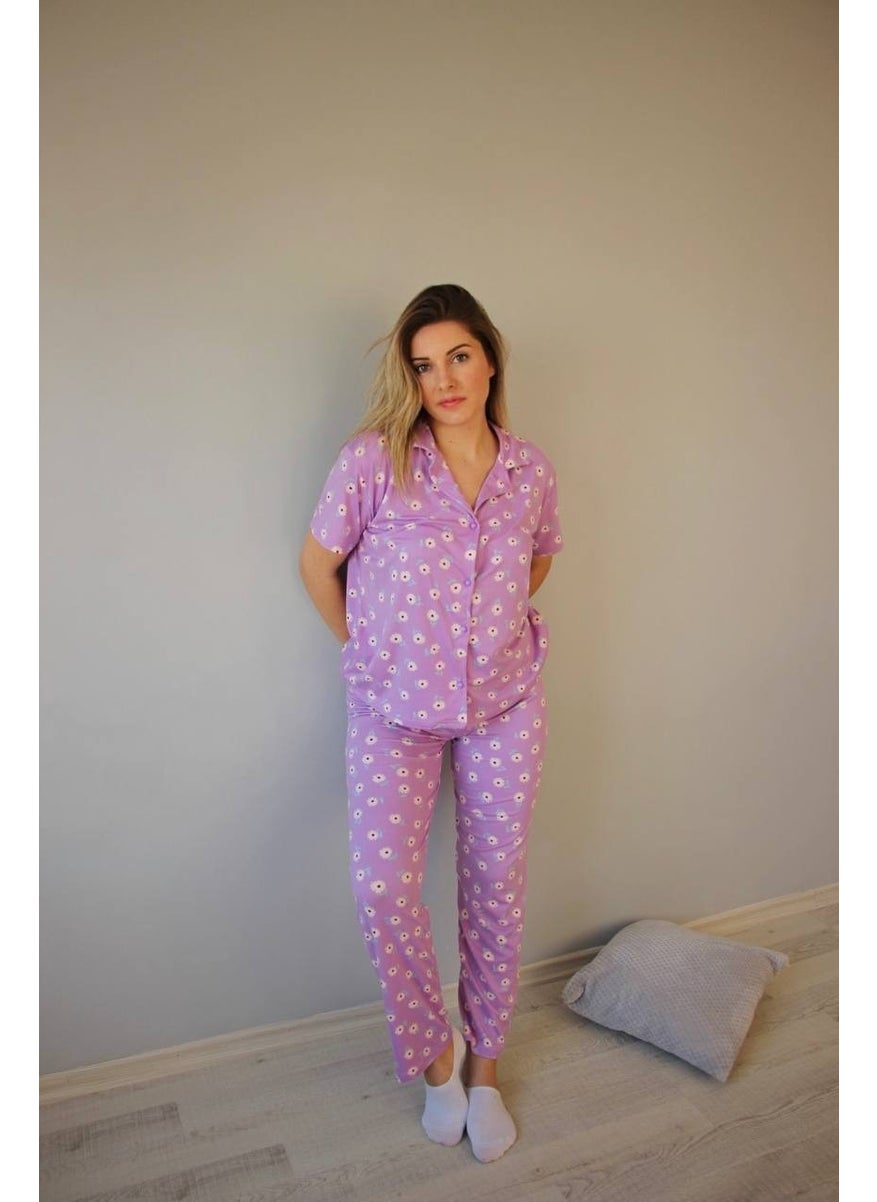 Bie's Women's Low Sleeve Oversize Top Front Buttoned Short Sleeve Viscose Shirt Collar Pajama Set  - Image 2
