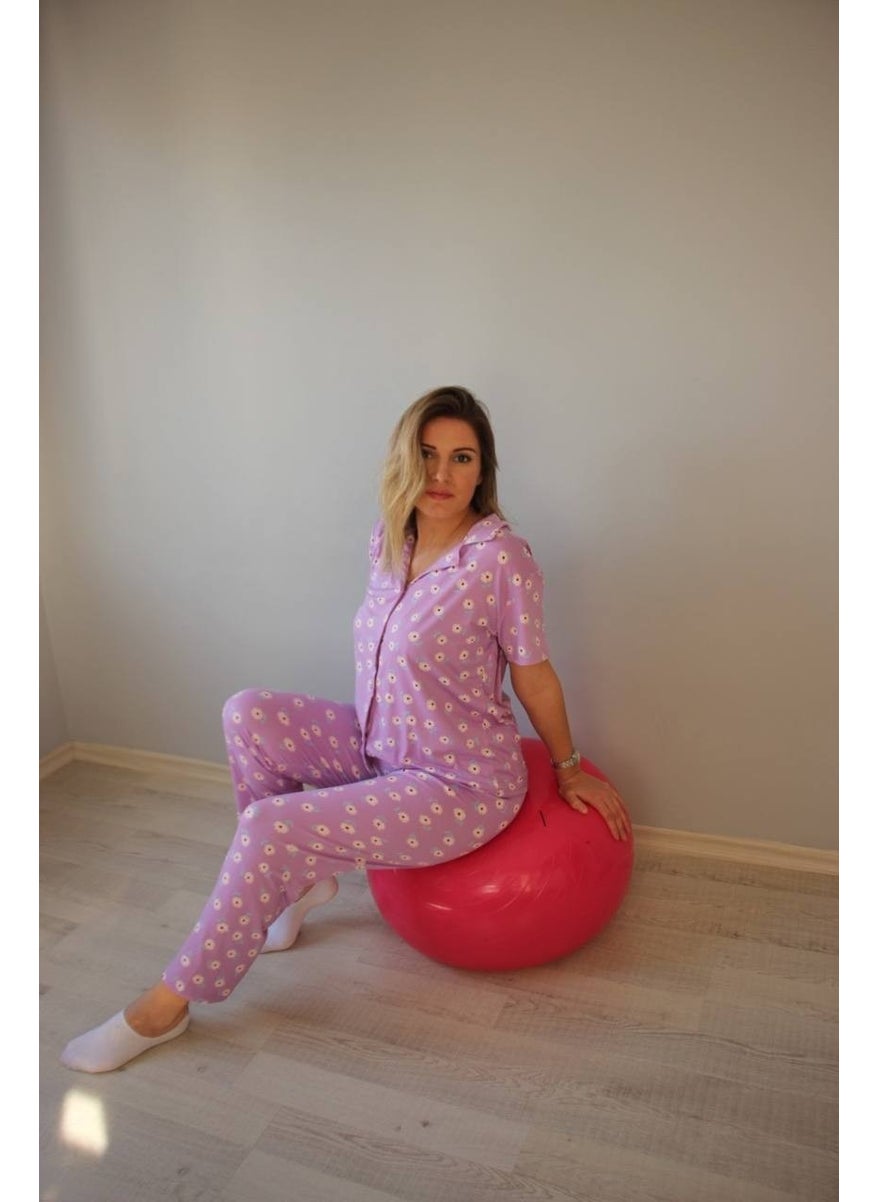 Bie's Women's Low Sleeve Oversize Top Front Buttoned Short Sleeve Viscose Shirt Collar Pajama Set  - Image 4
