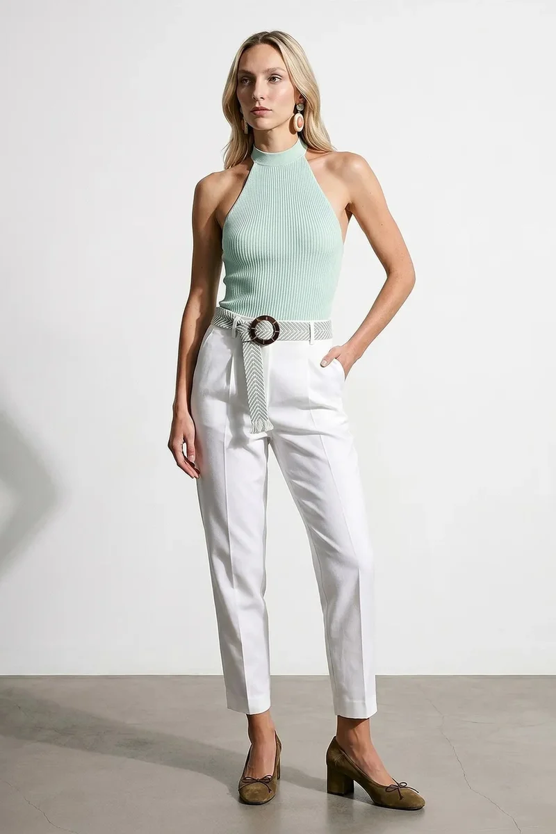 Dilvin White DILVIN Pleated Straight-Leg Crepe Trousers for Women | Best Price UAE