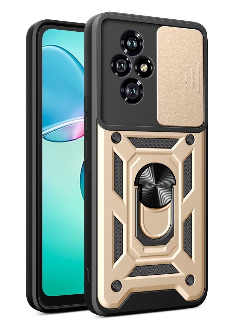 Shunjia Sliding Window Case, Shockproof Rugged Armor with Sliding Camera Cover & 360° Ring Kickstand, Compatible with Honor 200 (Gold)