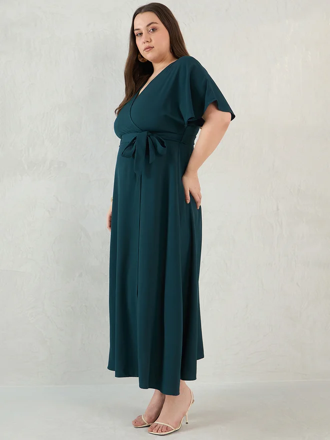 Femmella Femmella Solid V Neck Kimono Wrap Maxi Dress