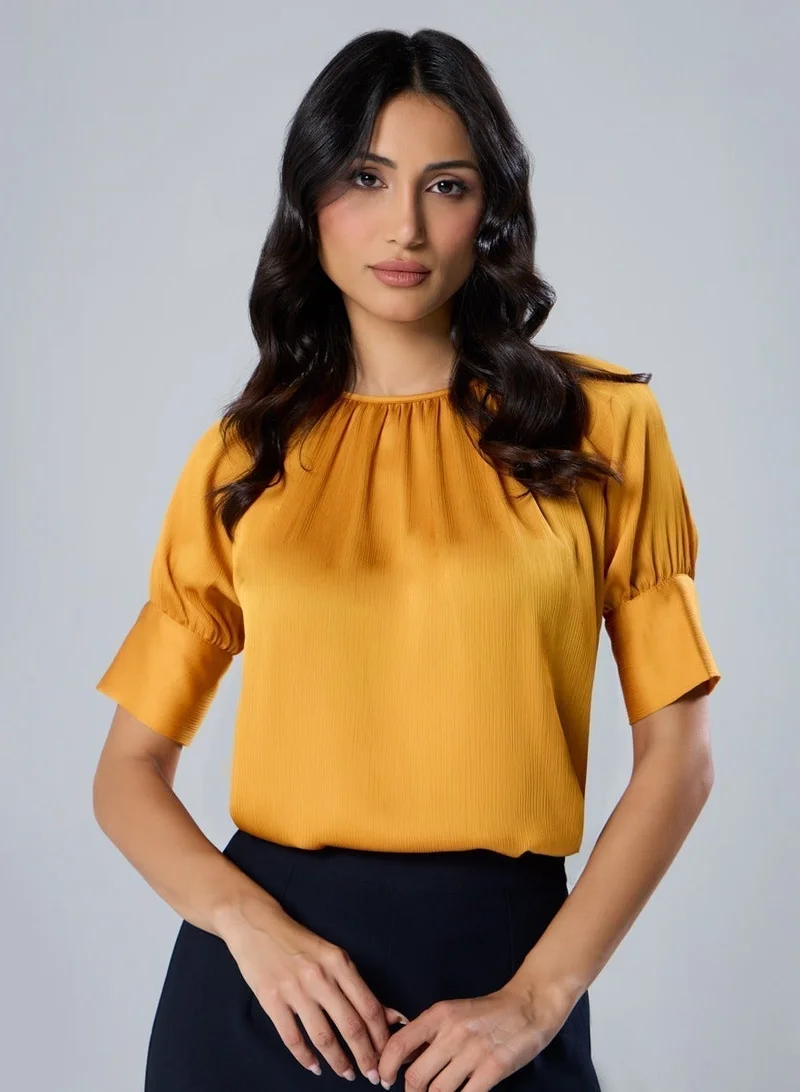 Zigzag Half Sleeve Neck Gathered Chiffon Top