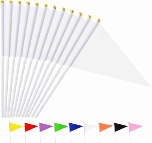 Ckexin 25Pack Solid White Pennant Stick Flag Small Mini Triangle Blank DIY Graffiti Hand Held Flags Decorations 5x8 Inch - Image 1