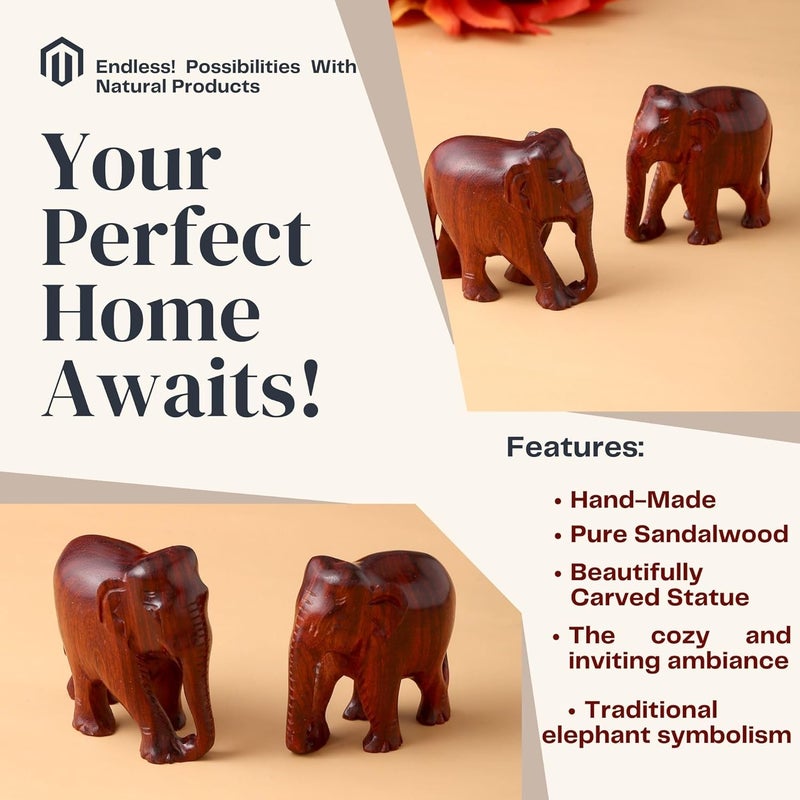 RDK RDK Handmade Sandalwood Elephant Pair Set of 2 Hand Carved Chandan Small Elephant Showpiece Wooden Animal Figure for Living Room or Shelf Decoration Red Sandalwood Down Trunk - Image 2
