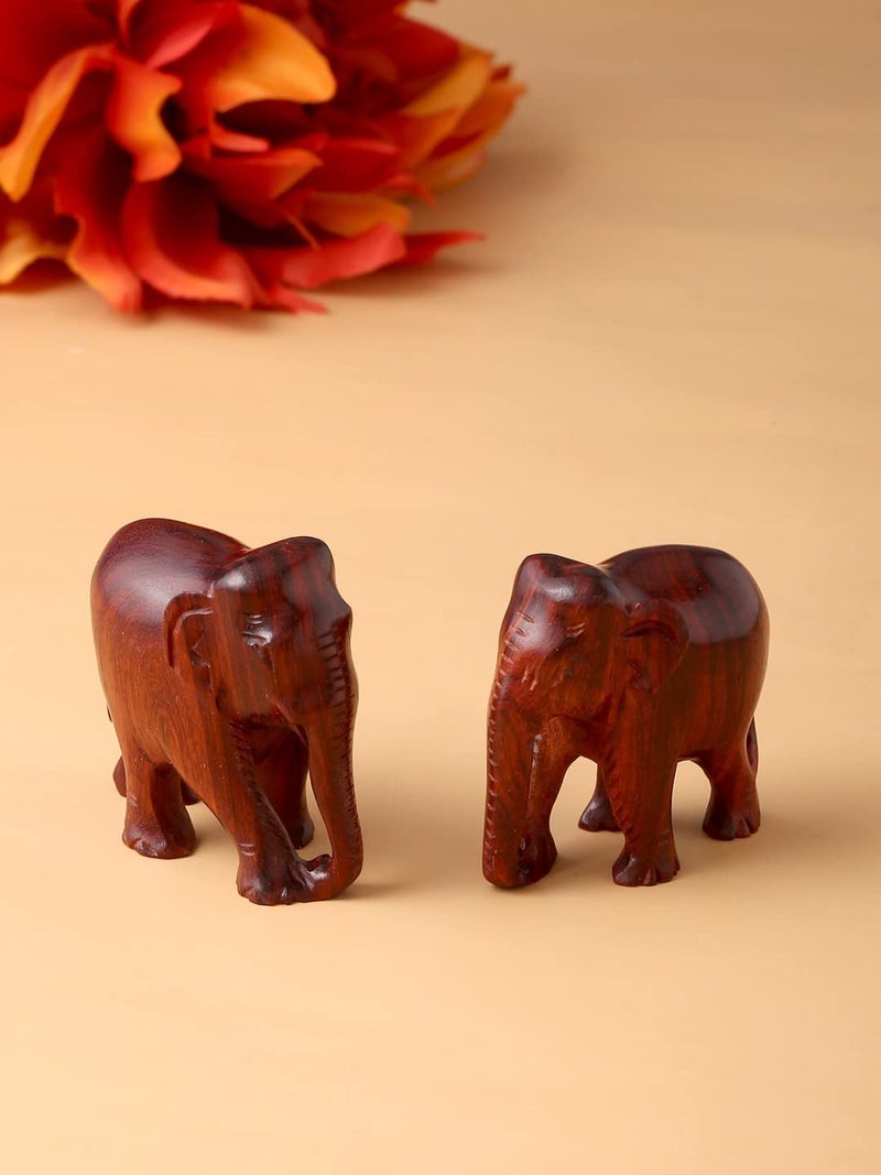 RDK RDK Handmade Sandalwood Elephant Pair Set of 2 Hand Carved Chandan Small Elephant Showpiece Wooden Animal Figure for Living Room or Shelf Decoration Red Sandalwood Down Trunk - Image 1