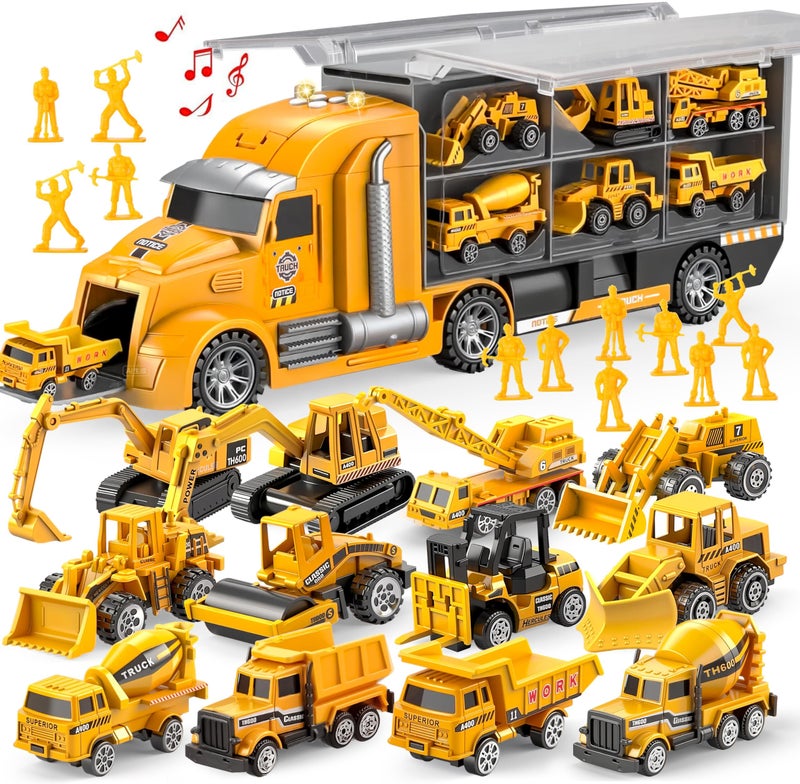 JOYIN 25 in 1 Kids Construction Truck Toy Set 24Pcs Push and Go Cars and Worker Figures Toddler Play Vehicles with Sounds and Light Birthday Gifts for 3 4 5 6 7 Years Old Grandkids Easter Basket - Image 2
