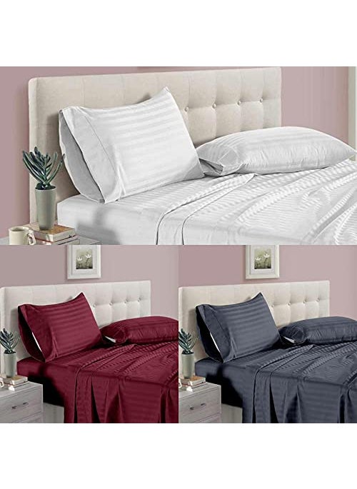New Leaf NEW LEAF® 210 TC Glace Cotton Satin Stripes/Lining 3 Plain Bedsheet for Double Bed with 6 Pillow Covers for Home-Hotels-Guest House-White Grey and Maroon 
