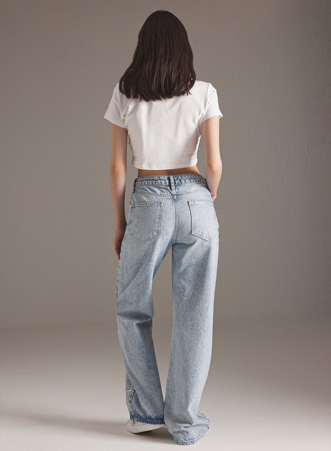 trendyol Blue Ribbon/Bow Detailed Stoned Normal Waist Wide Leg Jeans - Image 4