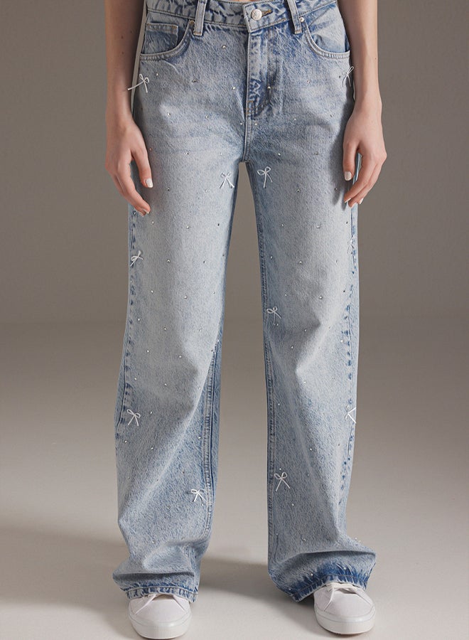 trendyol Blue Ribbon/Bow Detailed Stoned Normal Waist Wide Leg Jeans - Image 3
