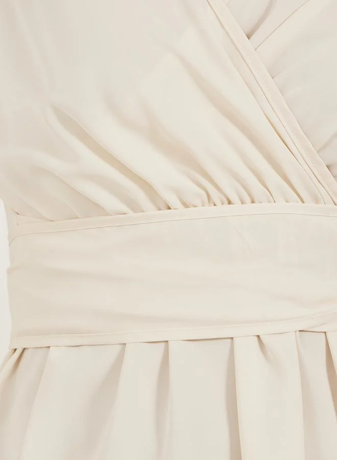 Styli Solid Balloon Sleeve Wrap Top with Tie Detail