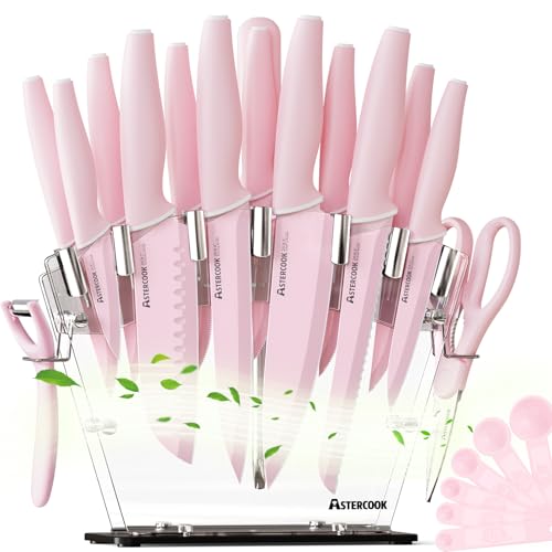Astercook Kitchen Knife Set with Block and Sharpener 22 Piece German High Carbon Stainless Steel Knives Sharp Blade Dishwasher Safe Knife Set with Anti-slip Ergonomic Handle, Crystal Pink - Image 1