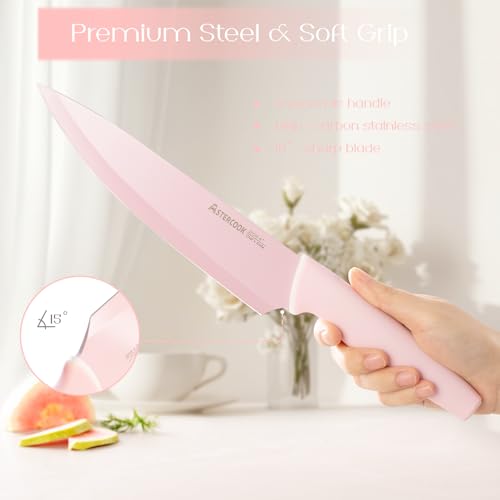 Astercook Kitchen Knife Set with Block and Sharpener 22 Piece German High Carbon Stainless Steel Knives Sharp Blade Dishwasher Safe Knife Set with Anti-slip Ergonomic Handle, Crystal Pink - Image 3