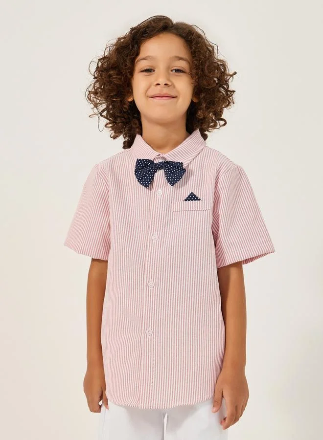 Styli Collared Shirt with Bow, Shorts and Suspender