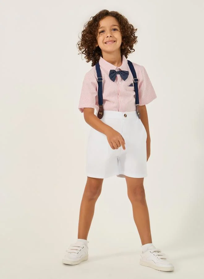 Styli Collared Shirt with Bow, Shorts and Suspender