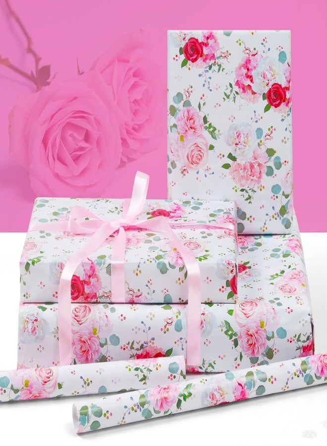 AirCool Wedding Wrapping Paper and Ribbon Set for Girls Women, 6 Folded Sheets Pink Red Rose Design, 20 x 28 inch Gift Wrap Paper for Floral Bridal Shower Engagement Wedding Birthday Party Anniversary - Image 3