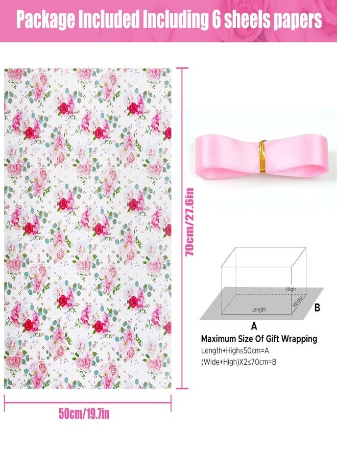 AirCool Wedding Wrapping Paper and Ribbon Set for Girls Women, 6 Folded Sheets Pink Red Rose Design, 20 x 28 inch Gift Wrap Paper for Floral Bridal Shower Engagement Wedding Birthday Party Anniversary - Image 2