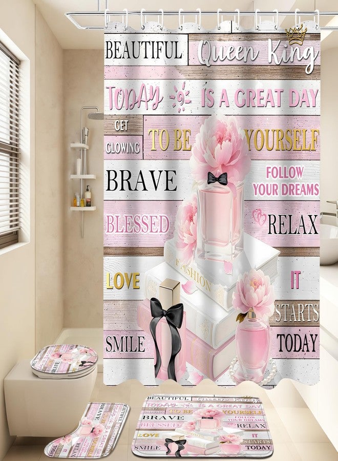 AZHM 4Pcs Pink Bow Shower Curtain Set Cute Bathroom Shower Curtains with 12 Hooks Bow Knot Aesthetic Bathroom Sets with Shower Curtain and Accessories - Image 2