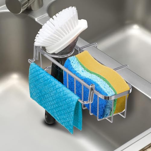 KESOL 3-in-1 Sponge Holder for Kitchen Sink, Hanging Caddy for Double Bowl Sinks, Stainless Steel Sponge with Dishcloth Holder, Brush & Soap Rack, Kitchen Sink Accessories, Silver - Image 1