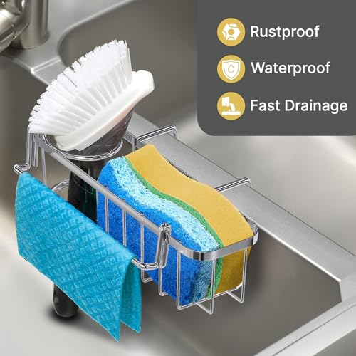 KESOL 3-in-1 Sponge Holder for Kitchen Sink, Hanging Caddy for Double Bowl Sinks, Stainless Steel Sponge with Dishcloth Holder, Brush & Soap Rack, Kitchen Sink Accessories, Silver - Image 4