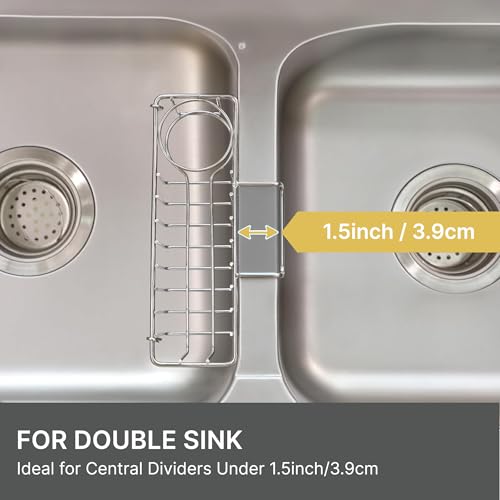 KESOL 3-in-1 Sponge Holder for Kitchen Sink, Hanging Caddy for Double Bowl Sinks, Stainless Steel Sponge with Dishcloth Holder, Brush & Soap Rack, Kitchen Sink Accessories, Silver - Image 2