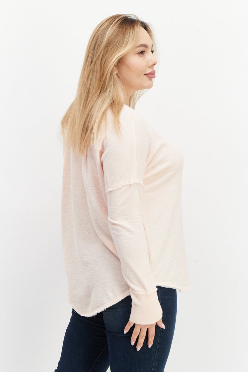 Billabong Women Round Neck Long Sleeve Textured Top, Peach - Image 3