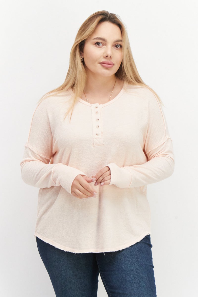 Billabong Women Round Neck Long Sleeve Textured Top, Peach - Image 1
