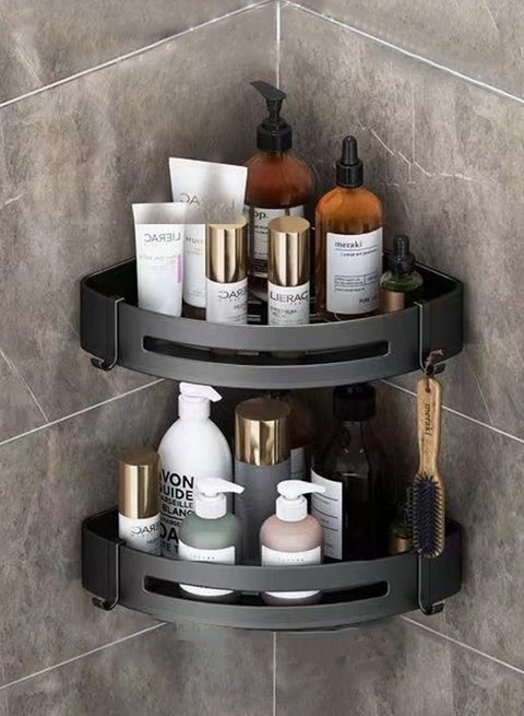 2 Pcs Bathroom Stainless Steel Corner Racks  Triangular Aluminum Alloy With 4 Movable Hook Racks  Kitchen Storage Racks (Black)