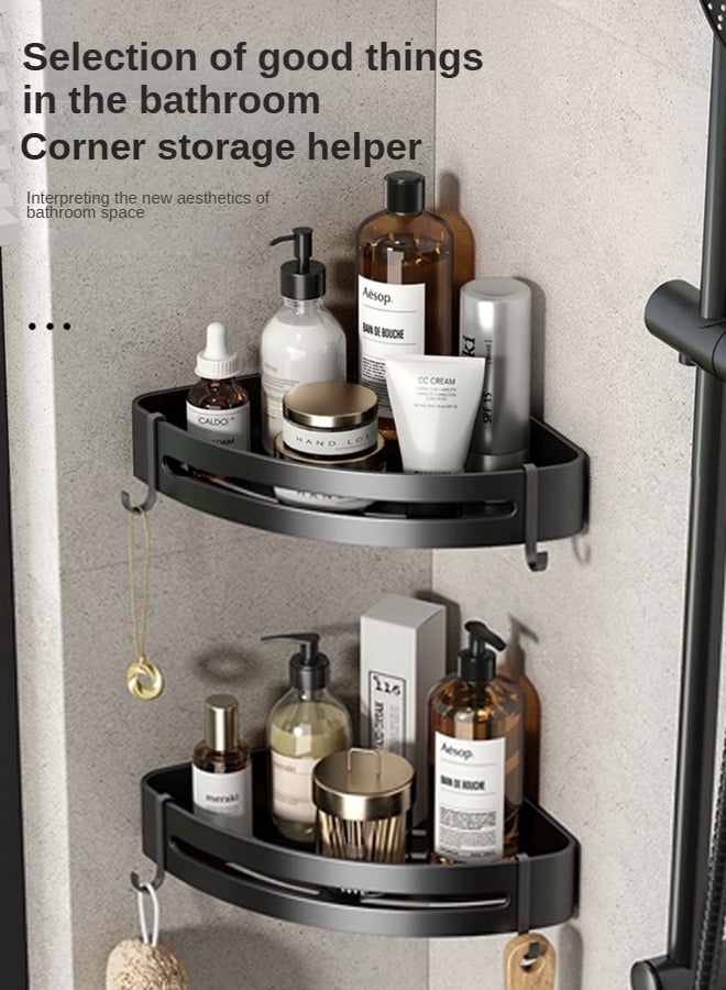 2 Pcs Bathroom Stainless Steel Corner Racks  Triangular Aluminum Alloy With 4 Movable Hook Racks  Kitchen Storage Racks (Black)