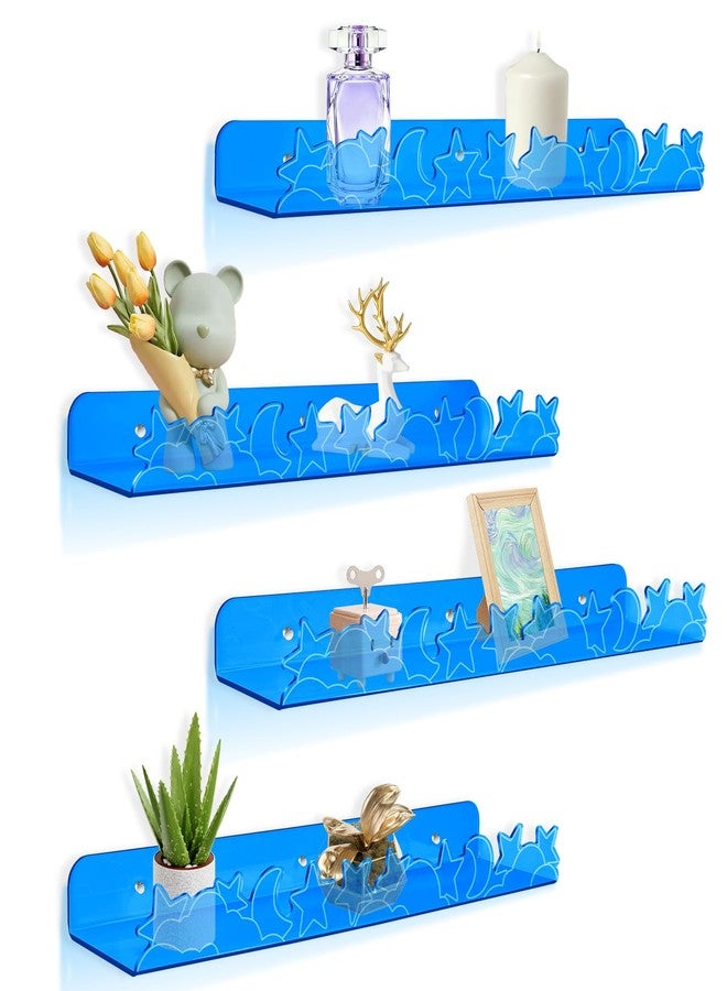 alldomess Floating Shelves for Wall,4 Pack 15.7’’x 3.5’’Adhesive Acrylic Shelves Organizer for Book Toy Photo Makeup,Wall-Mounted Kids Storage for Bathroom,Bedroom,Nursery,Blue Star and Moon - Image 1