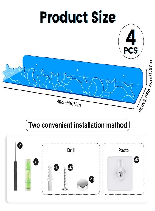 alldomess Floating Shelves for Wall,4 Pack 15.7’’x 3.5’’Adhesive Acrylic Shelves Organizer for Book Toy Photo Makeup,Wall-Mounted Kids Storage for Bathroom,Bedroom,Nursery,Blue Star and Moon - Image 2