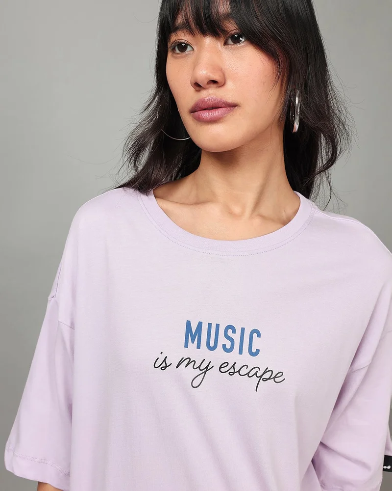 bewakoof  Women's Purple Music Is My Escape Graphic Printed Oversized T-shirt for Women | Best Price UAE