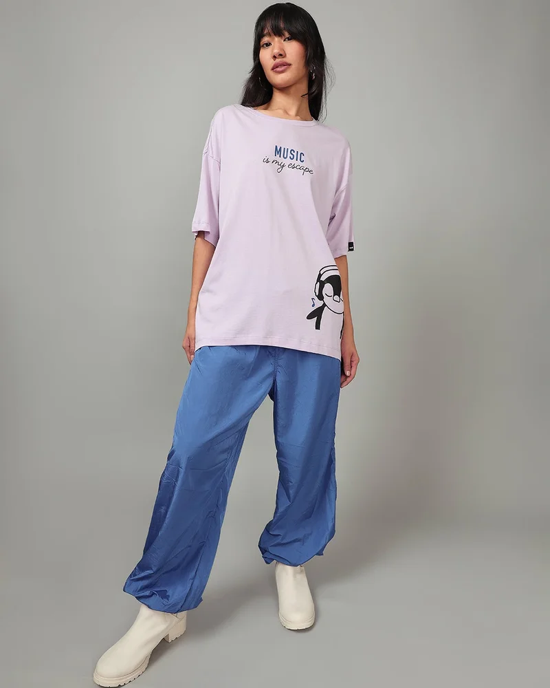 bewakoof  Women's Purple Music Is My Escape Graphic Printed Oversized T-shirt for Women | Best Price UAE