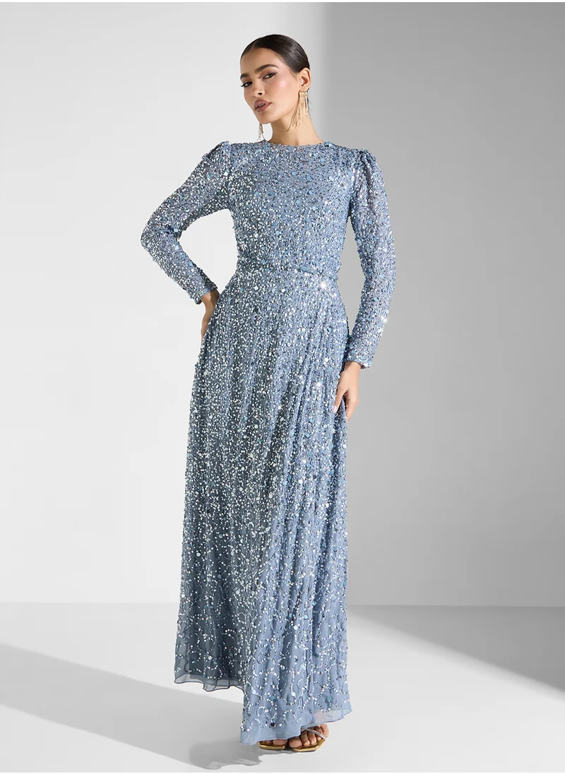 Maya Long Sleeve All Over Sequin Split Maxi Dress