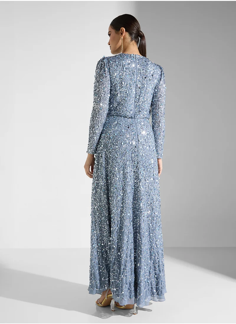 Maya Long Sleeve All Over Sequin Split Maxi Dress