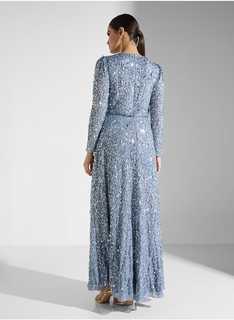 Maya Long Sleeve All Over Sequin Split Maxi Dress  - Image 2