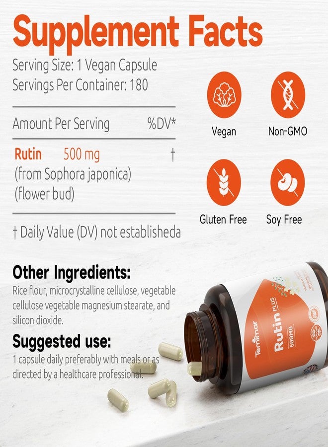 Temimar Rutin 500mg Supplement, Flavonoids Supplements from Sophora Japonica, Supports Vascular Health & Antioxidents, Non-GMO, Gluten-Free, Made in USA, 180 Vegan Capsules - Image 2