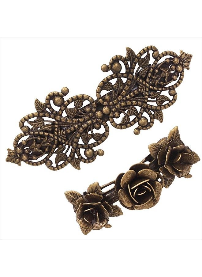 Lizzie Kay - 2PCS Retro Vintage Metal French Barrette Clip Hair Clasp Roses Bronze Accessories - Image 1