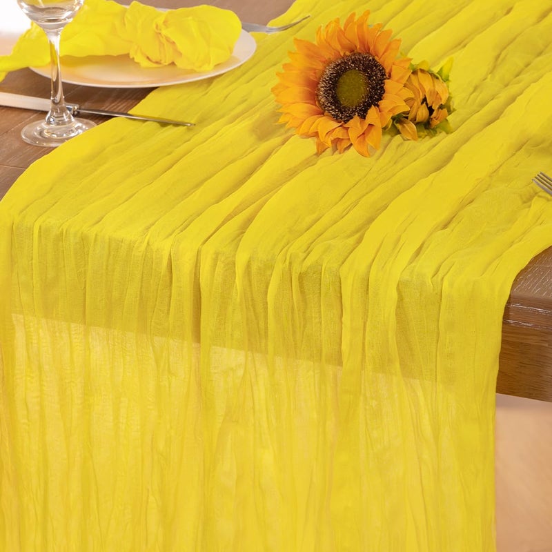 DeZerlor Lemon Yellow Cheesecloth Table Runner Spring Table Runner Boho Gauze 120 Inches Yellow Cheese Cloth Table Decor for Wedding Bridal Baby Shower Valentines Day