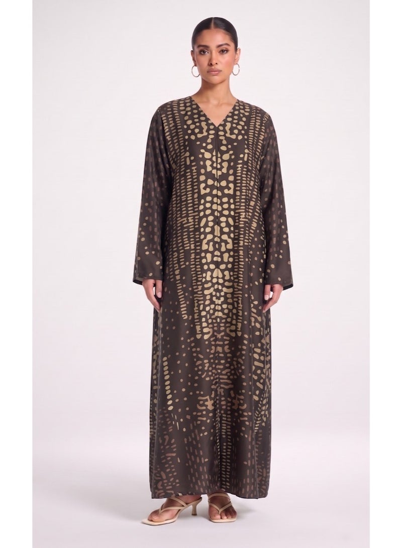 Next Abaya Ethnic Dot Printed Silk Open Abaya Black and Gold Patterned Kimono - Image 1