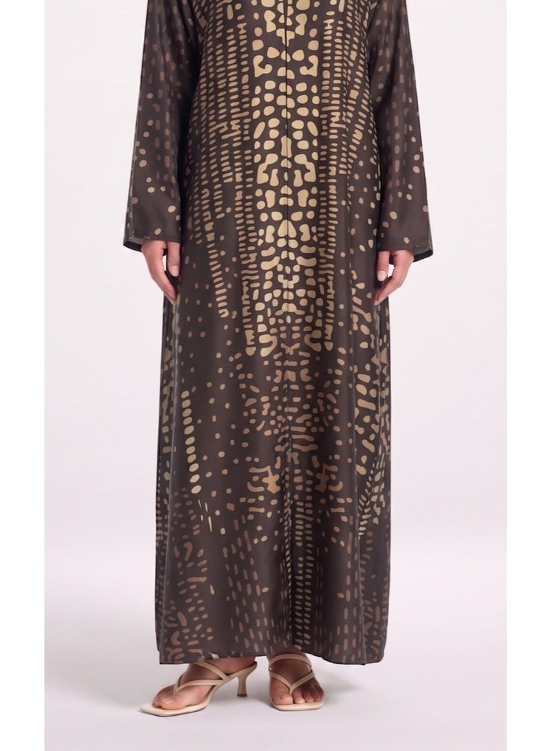 Next Abaya Ethnic Dot Printed Silk Open Abaya Black and Gold Patterned Kimono - Image 2
