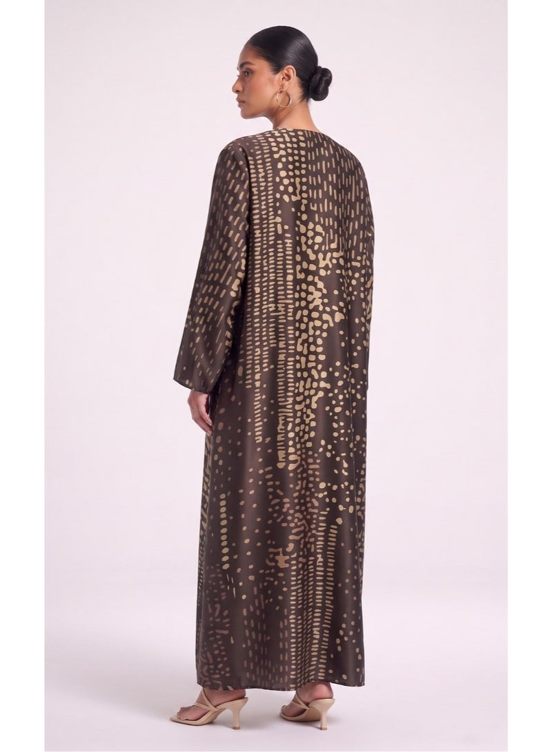 Next Abaya Ethnic Dot Printed Silk Open Abaya Black and Gold Patterned Kimono - Image 3