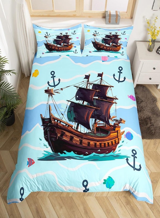 Homewish Pirate Ship Duvet Cover Anchor Printed Bedding Set Cute Fish Comforter Cover for Boys Girls Kids Room Decor Nautical Theme Lightweight Bedspread Cover Twin Size with 1 Pillow Case(No Comforter) - Image 1