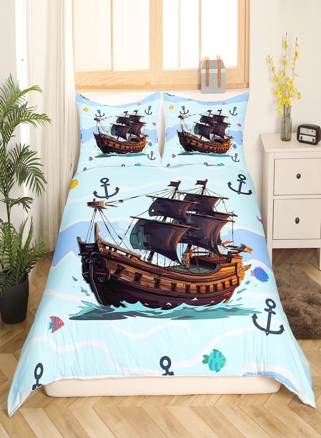 Homewish Pirate Ship Duvet Cover Anchor Printed Bedding Set Cute Fish Comforter Cover for Boys Girls Kids Room Decor Nautical Theme Lightweight Bedspread Cover Twin Size with 1 Pillow Case(No Comforter) - Image 3